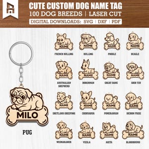 May include: A wooden dog name tag with a pug design and the name "MILO". The tag is attached to a silver keyring. The image also shows examples of other dog breeds and the text "CUTE CUSTOM DOG NAME TAG".