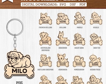 Pacote com 100 Raças de Cães Deitados - Chaveiro Personalizado com Nome | Arquivos SVG para Corte a Laser | Arquivo de Corte para Gravação a Laser Glowforge