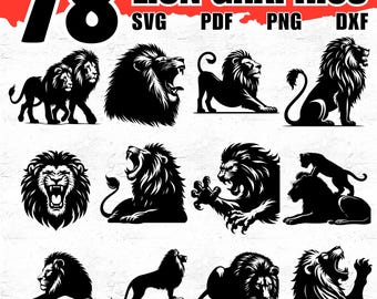 78 Lion Svg Dxf Png Pdf Bundle for Cricut Crafts, King of the Jungle Silhouette Cut Files for Shirts, Stickers, Tumblers, and Bold Designs