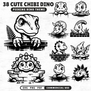 Könnte beinhalten: Eine Sammlung von 38 niedlichen Chibi-Dinosaurier-Illustrationen in Schwarz und Weiß. Die Dinosaurier werden in verschiedenen Posen dargestellt, einige schauen über Vorsprünge. Der Text "38 CUTE CHIBI DINO" und "PEEKING DINO THEME" steht oben. Enthält SVG-, PNG- und PDF-Formate.