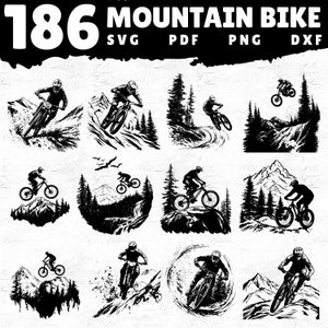 Puede incluir: Un conjunto de 10 ilustraciones en blanco y negro de ciclistas de montaña que recorren diversos paisajes. Las ilustraciones están en un estilo gráfico simple y presentan montañas, árboles y rocas.