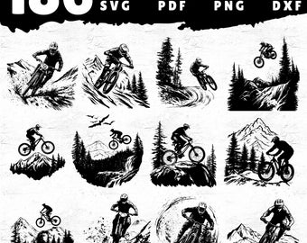 186 Mountainbike-stencilpaket SVG PNG Dxf Pdf – Downhill MTB-cyklist Clipart för Cricut laserskurna vinyldekaler och hantverksprojekt