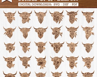Paquete de 30 diseños SVG de vaca de las Tierras Altas con pañuelo cortados a láser para Cricut y Glowforge, clipart de cabeza de vaca de granja, arte rústico de pared de vaca
