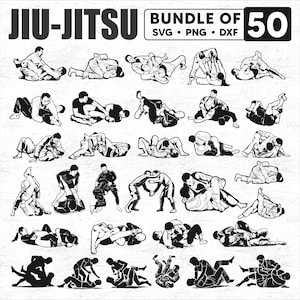 Pode incluir: Um conjunto de 50 ilustrações em preto e branco de pessoas em várias posições de Jiu-Jitsu. As ilustrações estão em um estilo simples, de arte linear. O texto "JIU-JITSU" e "BUNDLE OF 50" está na parte superior da imagem. O texto "SVG • PNG • DXF" está abaixo do texto "BUNDLE OF 50".