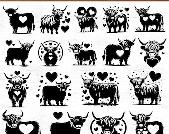 57 Highland Cow with Heart SVG Bundle for Cricut – Cute Highland Cow Clipart Designs with Hearts – Farm Animal Love PNG PDF Cut Files