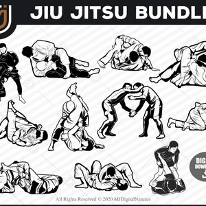 Może przedstawiać: Pakiet cyfrowych plików do pobrania z 10 czarno-białymi ilustracjami osób trenujących jiu-jitsu. Ilustracje przedstawiają różne techniki i pozycje grapplingu.