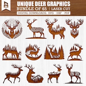 65 Unique Deer Svg Dxf Pdf Bundle for Laser Cut and Engrave, Wildlife and Forest Designs for Wood Decor, Gifts, Ornaments, and Signs