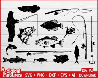 Bundle Fishing Equipment SVG - Fishing Clipart, Fisherman Svg, Fishing Rod Svg, Fish Clipart, Fish Svg, Fish Cut File