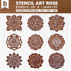 9 Rose Stencil SVG Bundle, Floral Laser Cut Files, Mandala Flower Cutout, Cricut DXF Template, Digital Rose Pattern, DIY Craft Download