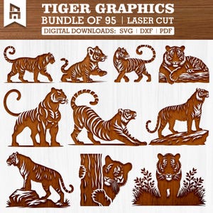 95 Laser Cut Tiger Svg Dxf Png Pdf Bundle for Laser Cutting, Wild Tiger Silhouette Files for Wall Art, Decor, Jewelry, and Gift Projects