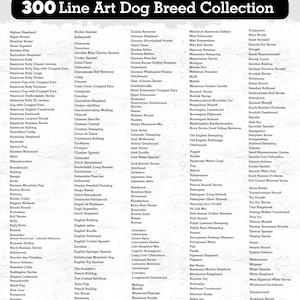 May include: A black and white list of over 300 dog breeds, including names such as Afghan Shepherd, Airedale Terrier, Alaskan Klee, Australian Shepherd, American Bully, and many more.