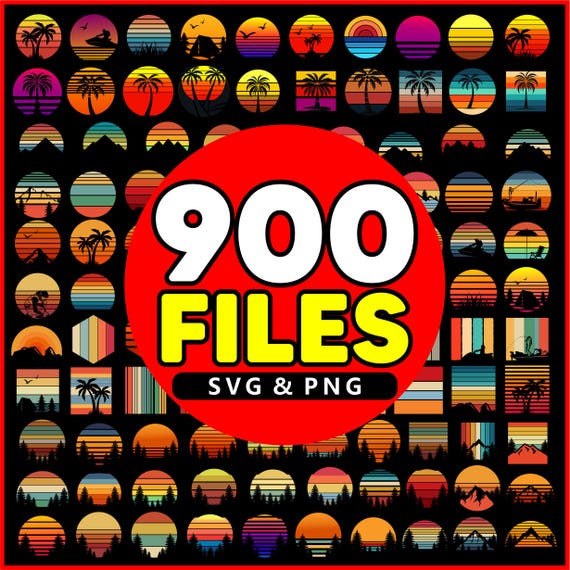 300 Retro sunset bundle svg - Retro Svg, Vintage Sunset svg, Rainbow Svg, Retro Sunset Clipart, Cut File, Svg File for Cricut
