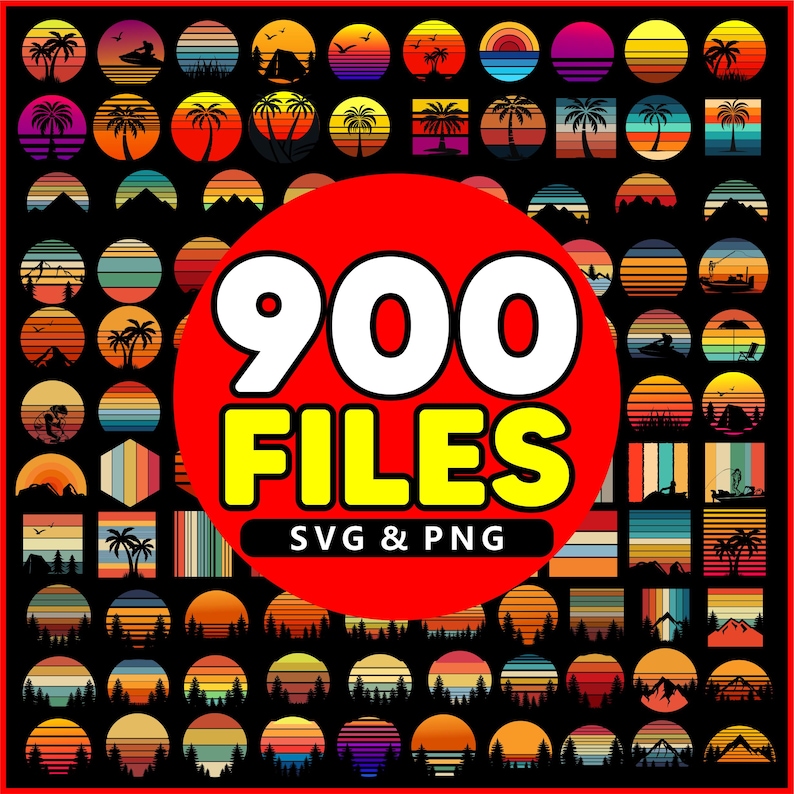 May include: A red circle with the text "900 FILES SVG & PNG" in white. The circle is surrounded by a grid of 100 colorful, retro-style icons, each depicting a different summer or beach theme.