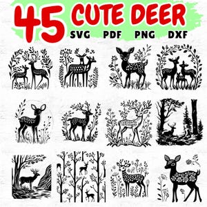 45 Cute Deer SVG DXF PDF Bundle for Cricut Crafts, Adorable Deer Silhouette Clipart, Baby Deer Cut Files for Woodland, Nursery, and Holiday