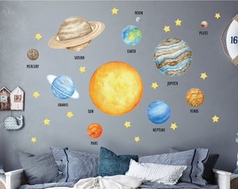 Space Wall Decal, Space Themed Nursery, Watercolor Solar System, Sun and Planets, Constellation decal, Nursery space Decals, Planet Decals