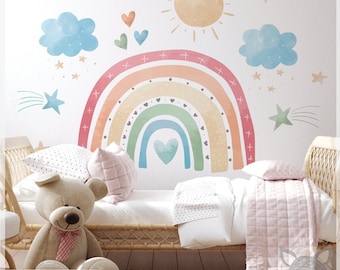 Pastel Rainbow Wall Decal for Nursery, Boho Kids Room Decor, Soft Color Vinyl Sticker, Baby Girl Room Art, rainbow Removable Wall decal
