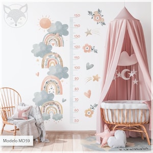 Toise arc-en-ciel bohème, règle de taille pour enfants, décoration de chambre pastel, sticker mural aquarelle, fresque florale arc-en-ciel, décoration de chambre de fille
