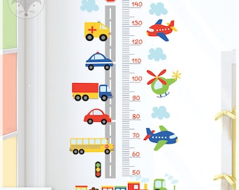 Transportation Growth Chart Decal, Kids Height Ruler, Boys Room Wall Sticker, Car and Plane Mural, Fun Nursery Wall Art, Vehicle Theme Decor
