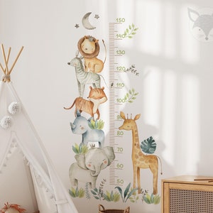 Safari dieren groeimeter, jungle hoogte liniaal sticker, kinderkamer muur sticker, safari kinderkamer wand decor, verwijderbare hoogte grafiek