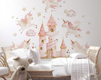 unicorn wall decal, castle wall sticker, watercolor nursery decor, girl room deco, fantasy wall art, removable vinyl decal, magical unicorns