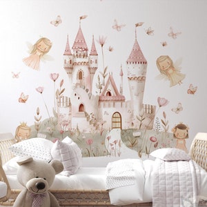 Fairy Castle Butterfly Wall Decal for Girls Room, Pink & White Garden Nursery Vinyl, Magical Kids Room Decor, fairy tale wall sticker