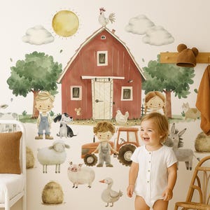 Farm Animal Wall Decals for Nursery, Red Barn and Tractor Wall Stickers, Farm Themed Baby Room Decor, Barnyard Farmhouse Wall Art