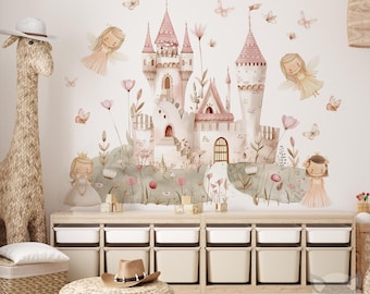 Fairy Castle Wall Decals, Pink Princess Castle Nursery Decor, Watercolor Fairy Stickers, Kids Room Wall Art, Butterfly Fairy Tale Theme