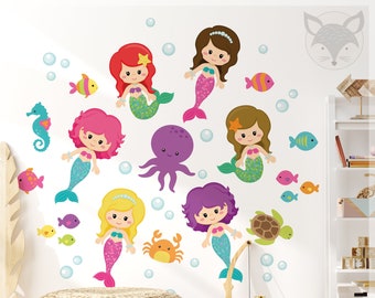Mermaid wall decal, mermaid wallpaper, ocean wall decal, mermaid party favors, mermaid nursery, mermaid wall sticker, kawaii room decor