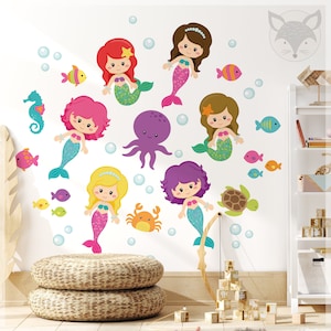 Mermaid wall decal, mermaid wallpaper, ocean wall decal, mermaid party favors, mermaid nursery, mermaid wall sticker, kawaii room decor