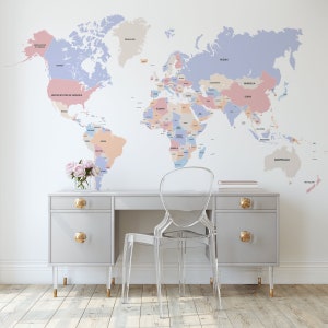 Carte du monde avec pays, autocollant mural de carte du monde, enfants de carte du monde, papier peint de carte du monde, décalcomanie murale de carte du monde, cadeaux d'adolescente