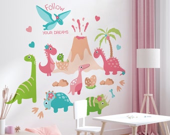 Dinosaur decor dinosaurs wall decal jurassic girl dino stickers dinosaur gift pink dinosaurs nursery decor cute dinosaurs baby room decor