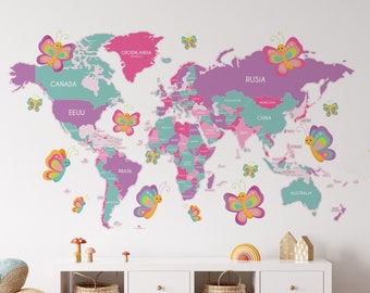 world map with countries, animal world map, world map wall sticker, Map Sticker, Kid Room World Map, Nursery World Map, mp21
