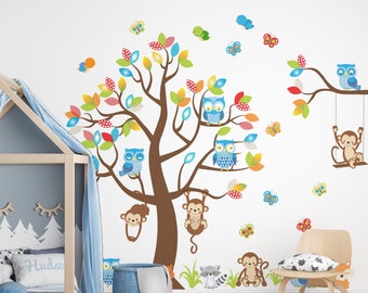 owl house wall decal, shabby tree, forest wall decal, vinyl tree wall decal, flower wall decals, owl house, AI28