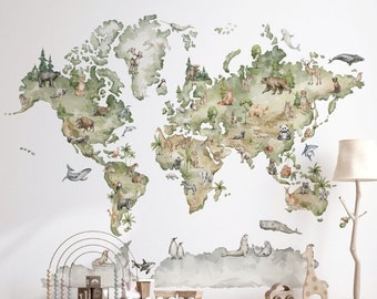 animal world map, world map wallpaper, world map wall decal, world map with animals, world map children, watercolor world map, gift for kids