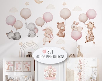 Pink Balloon Animal Wall Decal Set, Pink Safari Nursery Wall Stickers, Growth Chart, Baby Name Sign, Girl Room Decor, Ballon Removable Vinyl