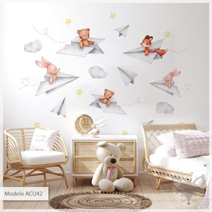 Airplane Animal Wall Decal, Paper Plane Nursery Wall Stickers, Flying Animals Wall Art, Baby Room Vinyl Mural, Removable Kids Wall Decor