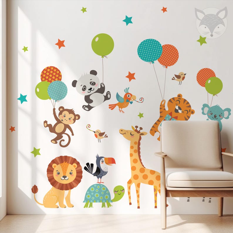 Safari Wall Decal, Jungle Animals Sticker, Kids Room Decor, Balloon ...