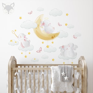 Bunny Moon and Cloud Wall Decals, Removable Nursery Stickers, Cute Rabbit Wall Art for Baby Girl or Boy Room Decor, bunny in the moon art