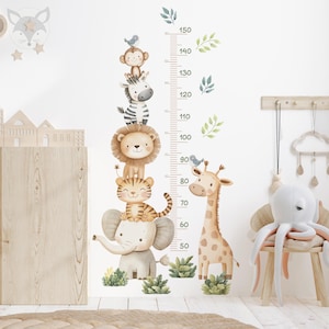 Wandtattoa mit Tier-Wachstumsdiagramm, Dschungel-Motiv, Kinderzimmerdeko, Safari-Wandtatto, Kinderzimmer-Wanddeko, Aquarell-Dschungel-Aufkleber