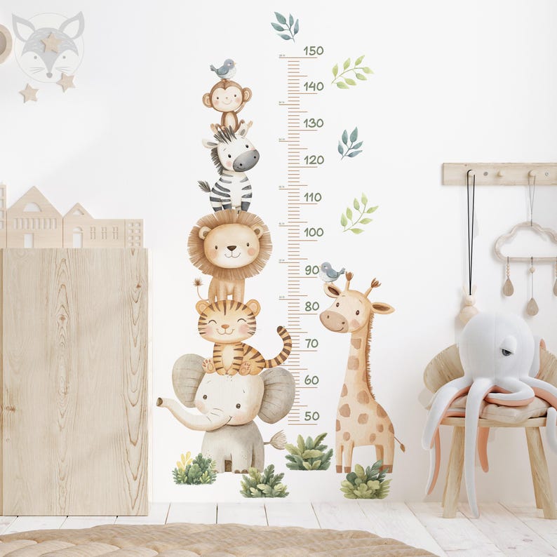 Track your little one's growth with this adorable jungle animal height chart! Featuring a charming stack of safari animals, this high-quality vinyl decal is perfect for nurseries, kids' rooms, or play areas. Easy to apply and remove, it brings a touch of nature and fun to any space. A great gift idea for new parents!