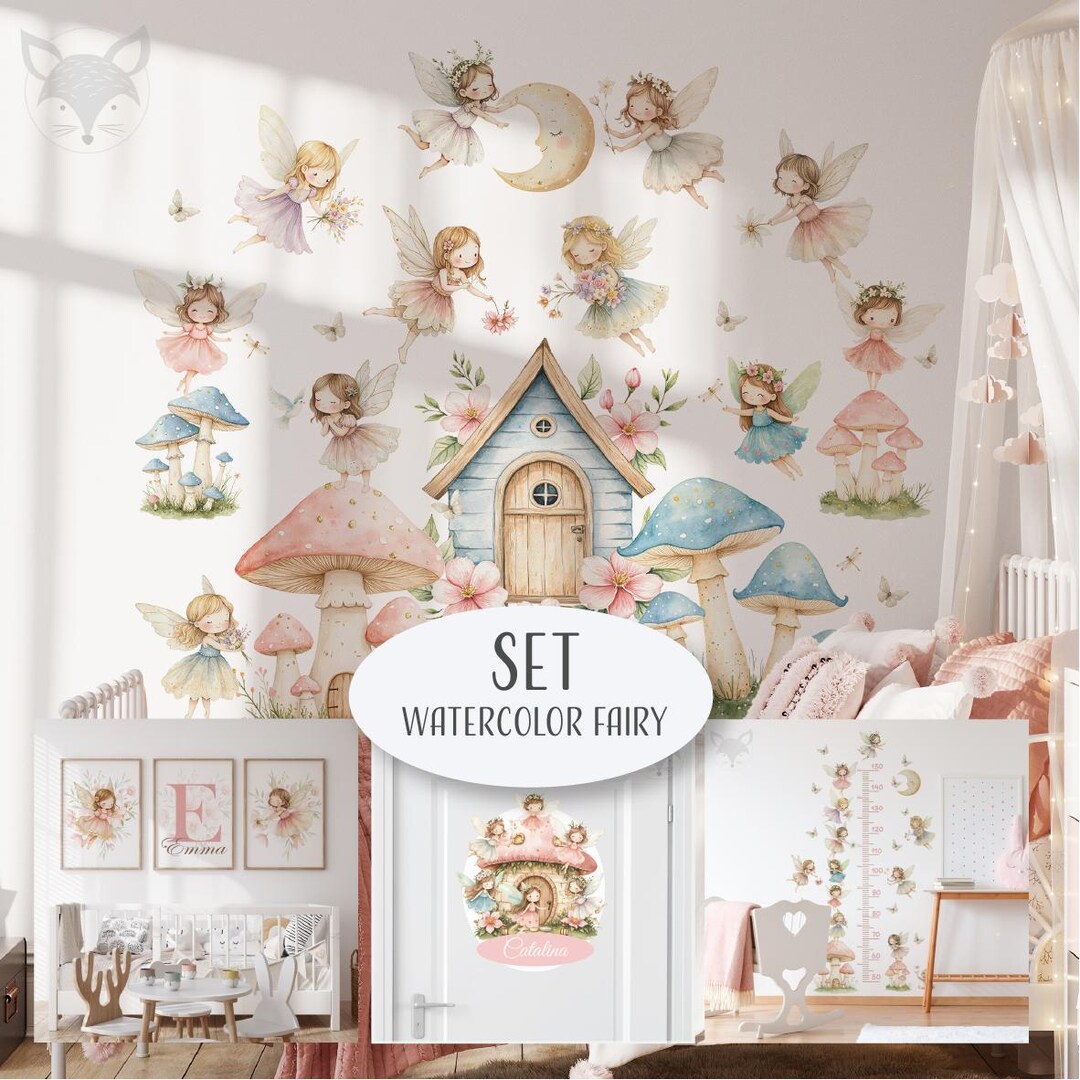 Watercolor Fairy Wall Decal Set, Girls Room Decor, Kids Height Chart ...