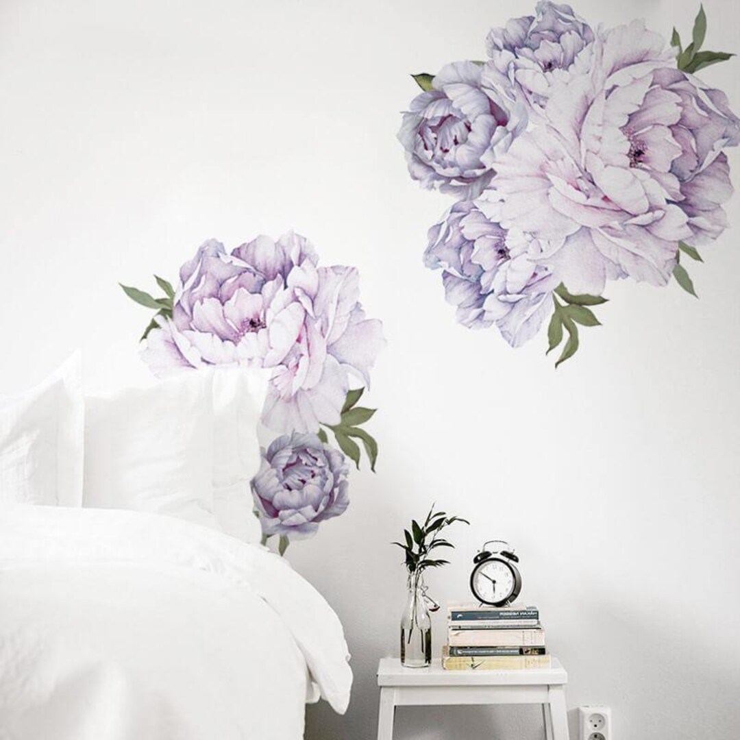 Lilac and White Peony Wall Decals With Green Leaves, Removable Floral ...