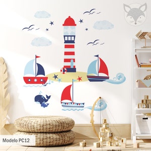 Nautischer Wandaufkleber für Kinder, Vinyl-Aufkleber mit Leuchtturm und Segelbooten, Kinderzimmer-Dekoration mit Meeresmotiv, Küstenwandkunst für Jungen, nautisches Dekor