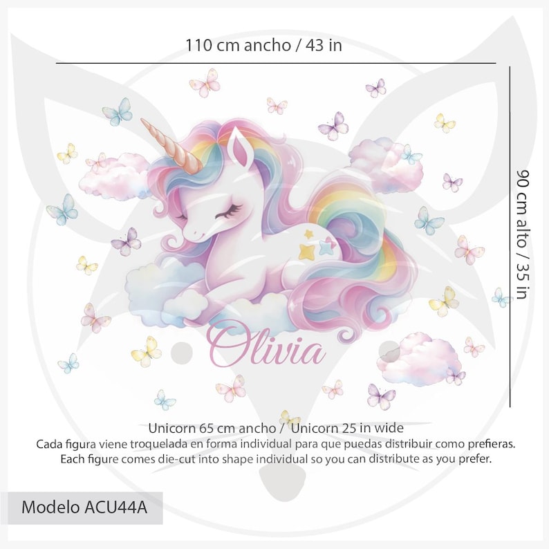 May include: A wall decal featuring a white unicorn with a rainbow mane and horn, surrounded by pastel butterflies and clouds. The decal is 43 inches wide and 35 inches tall. The unicorn is 25 inches wide. The name "Olivia" is written in cursive.