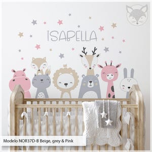 Pink Jungle Animal Wall Decal with Custom Name, Scandinavian Baby Girl Room Decor, Soft Safari Wall Stickers, Nursery Vinyl Art