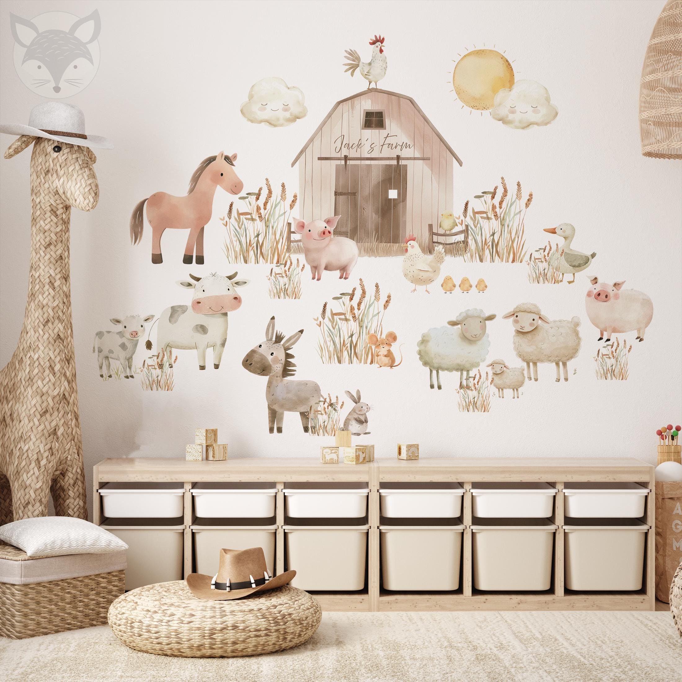 Farm Animals Wall Decal - Barnyard Scene for Kids Room - Adorable Cow ...