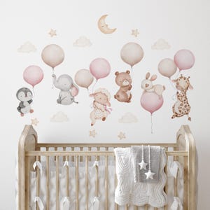 Pink Balloon Animal Wall Decals for Nursery, Removable Self-Adhesive Vinyl Stickers, Baby Room Decor with Elephant, Lamb, Bear, and Giraffe