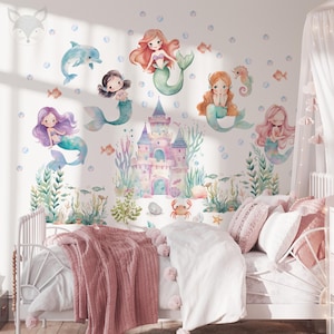 Mermaid Wall Decals for Girls, Under the Sea Nursery Stickers, Castle and Ocean Animals, Removable Vinyl, Pastel Mermaid Room Decor