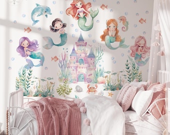 Mermaid Wall Decals for Girls, Under the Sea Nursery Stickers, Castle and Ocean Animals, Removable Vinyl, Pastel Mermaid Room Decor