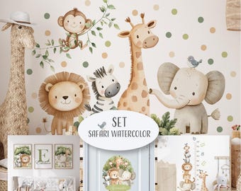 May include: A watercolor safari-themed wall decal set featuring a giraffe, lion, zebra, elephant, and monkey. The set includes a door sticker, height chart, and framed prints. The text "SET SAFARI WATERCOLOR" is displayed.